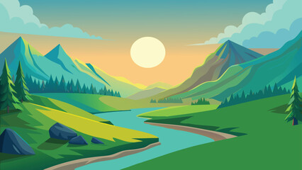 Serene mountain valley with winding river during golden hour sunset vector illustration © CreativeKamrul