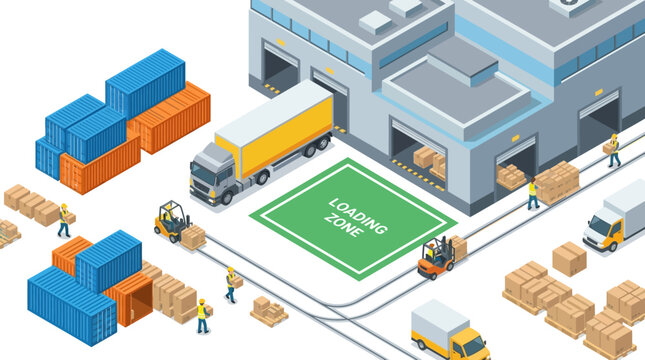 Workers loading packages onto trucks at a bustling loading dock facility with conveyor belts and forklifts