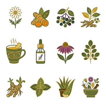Diverse set of natural herbal medicine icons showcasing various plants and remedies in a modern flat vector design perfect for health and wellness conce