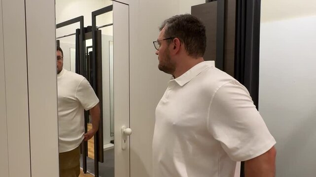 Man trying on casual clothing and checking his appearance in a fitting room mirror. Modern menswear shopping, retail experience, fashion lifestyle and purchase decision concept.
