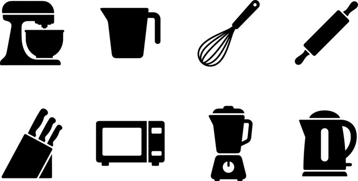 Kitchen Appliances and Baking Utensils Icon Set Featuring Stand Mixer Microwave Blender and Cooking Tools