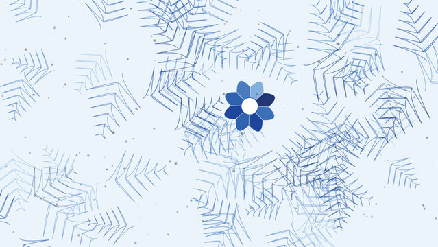 Loading screen with blue flower design in middle of intricate web-like patterns on a light blue background, abstract concept.