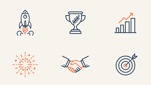 Startup success and business launch flat icons &ndash; Great for incubator program flyers, venture capital pitches, or tech newsletters.