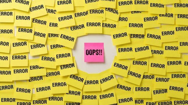 A pink post it note with word oops surrounded by many yellow sticky notes with word error.