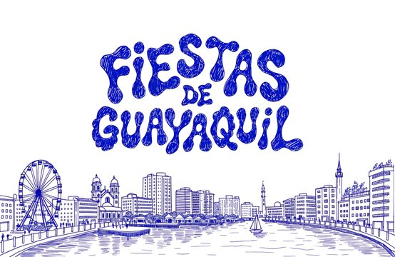 Ilustraci&oacute;n azul de Fiestas de Guayaquil-Ecuador en lapiz