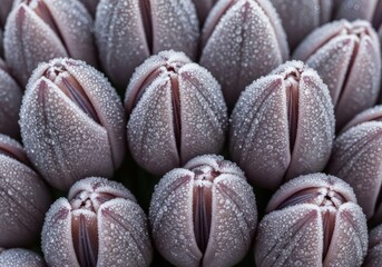 Fototapeta premium Macro Close-up of Purple Tulip Flower Buds Covered in Morning Dew Drops and Frost