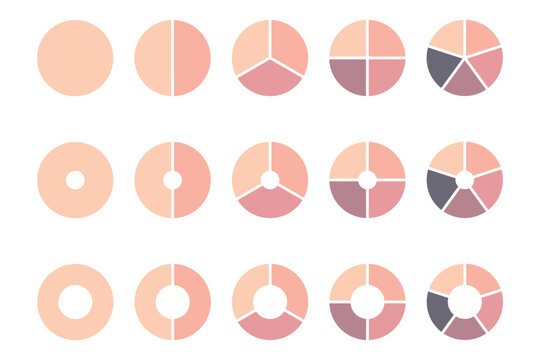 Pie chart icons. Segment slice sign. Circle section graph. Colorful pie charts with varying segments. Circle chart, circle sections and round donuts chart pieces. Infographic element round shape