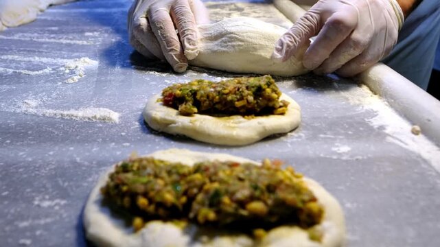 Gloved baker hands shaping filled dough with minced meat on a floured counter. Traditional Turkish pide or borek preparation in a bakery kitchen, showing handmade pastry production and culinary craft.