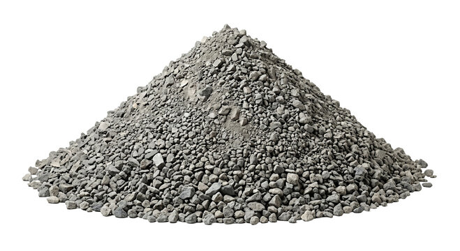 Large pile of grey crushed gravel stone on white background with construction aggregate material background