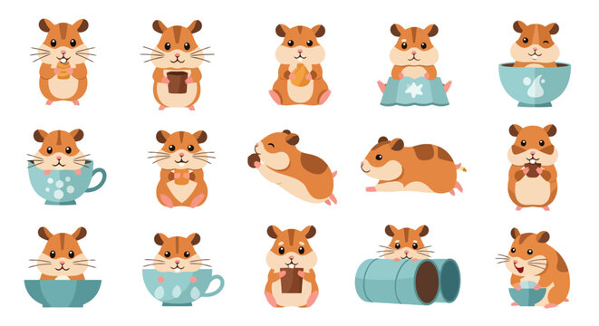 A collection of cute cartoon hamsters in different poses and activities, including eating, playing, and resting in cups and bowls.