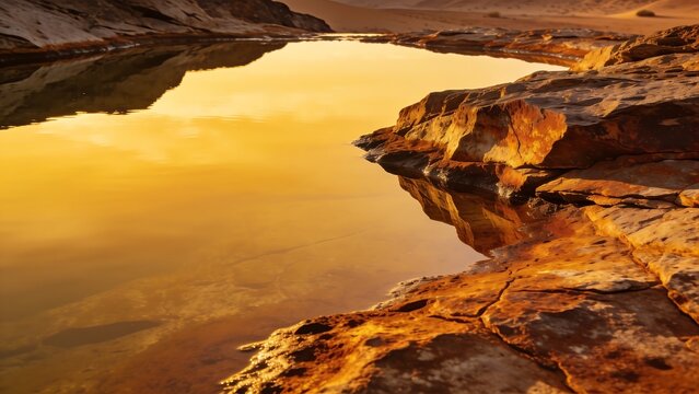 Golden Sunset Reflection in Desert Rock Pool