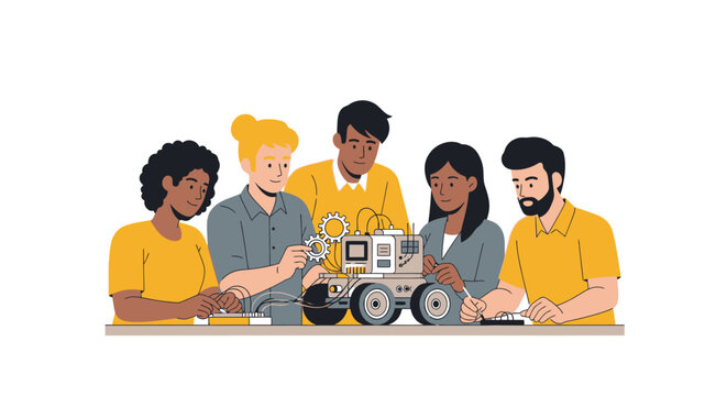 Diverse Group of Students Collaborating on a Robotics Project, STEM Education and Teamwork Concept, Flat Vector Illustration