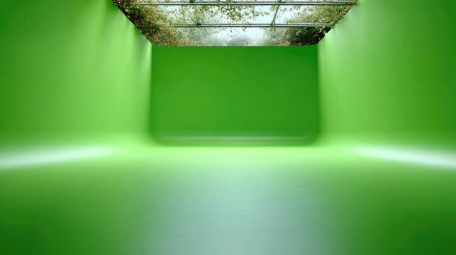 Empty Green Studio: An empty, bright green studio set with a ceiling covered in moss and vines, bathed in soft light, offering a blank canvas for creative production.