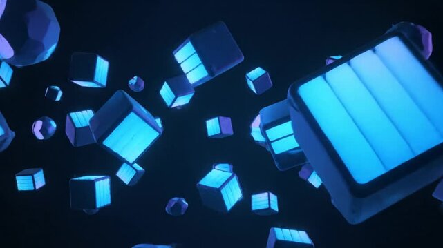 Abstract glowing blue cubes and spheres floating in dark space background