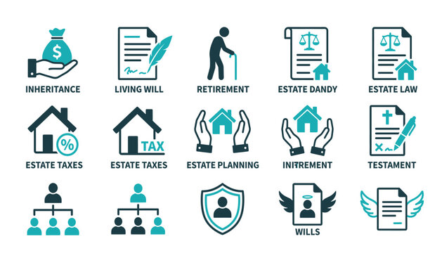 Estate planning transparent inheritance law vector set. Line icons of living will testament, retirement pension property asset, house mortgage tax compliance, legacy succession hierarchy.