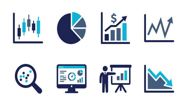 Business analytics transparent financial chart vector set. Flat elements of stock market candlestick trading, corporate revenue growth graph, dashboard statistics monitor, bankruptcy loss arrow.