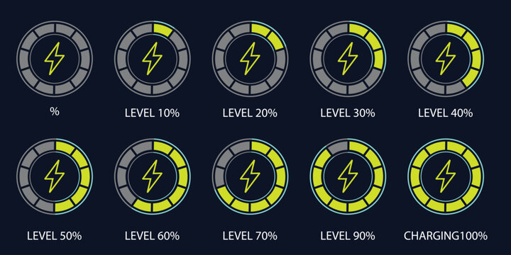 Circular battery charging status indicator icons set, interface progress ring from 10 to 100 percent vector