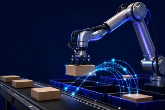 Robotic Arm Picking Parcels on Conveyor in Smart Warehouse with Glowing Blue Data on Dark Background Ideal for Logistics Automation and Fulfillment