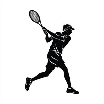 Tennis player silhouette performing a backhand stroke with backhand, silhouette