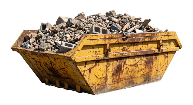 Large rusty industrial metal skip bin filled with construction waste and concrete rubble isolated on white background