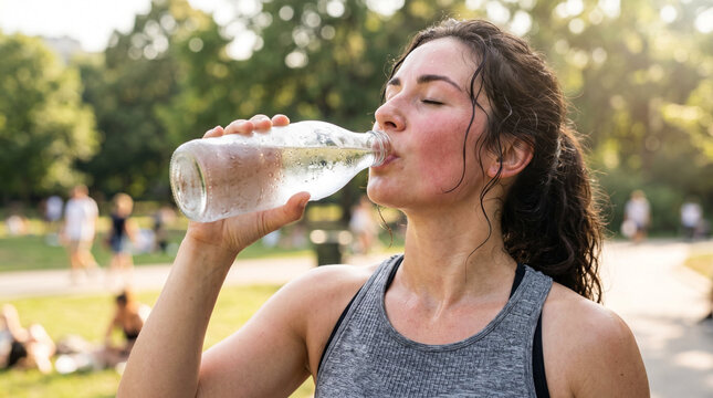 Thirsty athletic young woman with relaxed peaceful expression drinking water during summer heat after outdoor workout against sunny green park backdrop