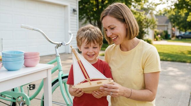 Happy mother and young son with cheerful smiles holding wooden toy sailboat at suburban yard sale against white garage door backdrop