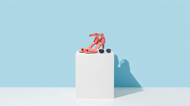 Elegant high-heeled sandals and sunglasses in minimalist studio presentation, coral pink, white and sky blue, representing summer fashion trends and resort holiday outfit with copy space