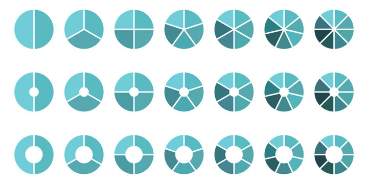 Pie chart set. Circle division on from 1 to 8 equal parts, sections or steps. Circle icons for infographic, UI, web design, business presentation. Wheel life round divided diagrams with segments. 