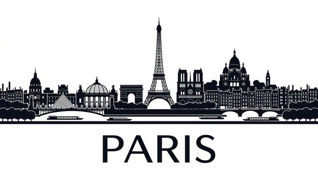 A horizontal banner featuring a black-and-white silhouette of the Paris skyline, including iconic landmarks and architectural elements. The vector-style design represents Paris, France.