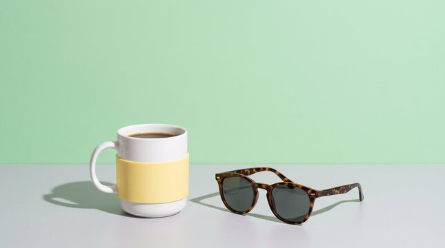 Ceramic coffee mug and tortoiseshell sunglasses in contemporary aesthetic layout in pastel green and neutral grey palette representing summer morning routine with copy space