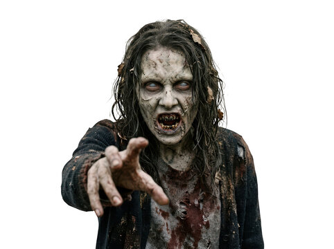 Scary female zombie reaching out with hand, horror movie concept, isolated on transparent background