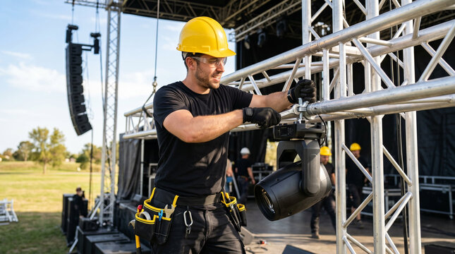 Focused stage technician wearing yellow hard hat with concentrated expression assembling metal truss structure and mounting spotlight against outdoor concert stage backdrop