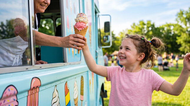 Excited little girl with joyful expression receiving colorful double scoop waffle cone from vendor against blue ice cream truck and sunny park backdrop