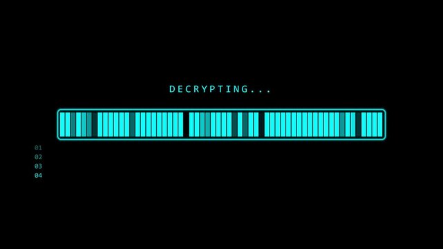 Digital decrypting progress bar animation, cyber security data loading interface data processing