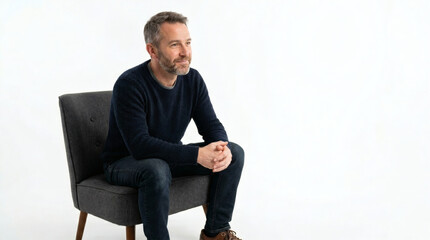 Fototapeta premium Middle-aged man with beard sitting thoughtfully in a modern armchair against a white background