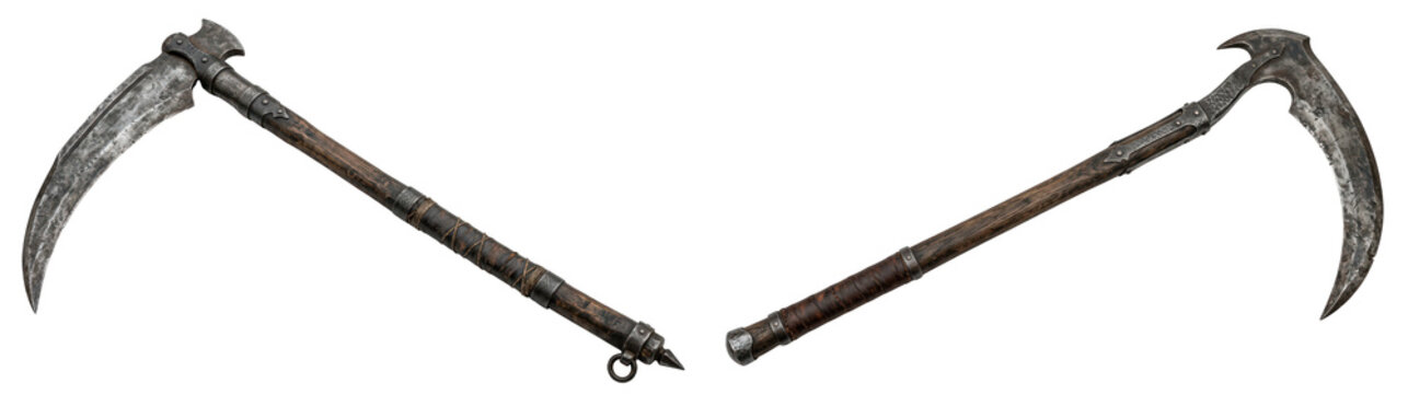 Two views of a fantasy war scythe weapon isolated on transparent background
