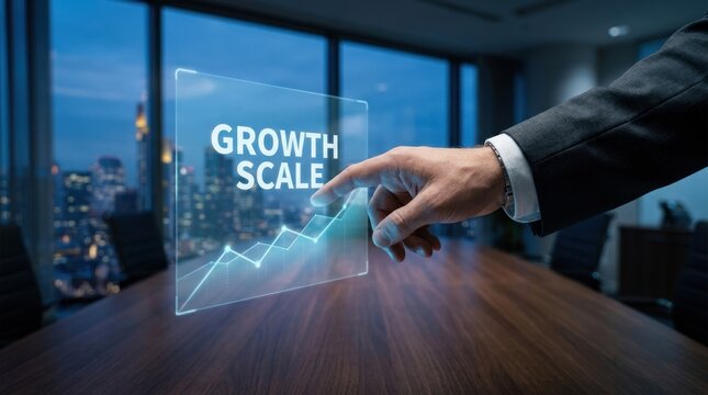 Businessman touching digital growth scale interface in modern office, for financial success, corporate expansion, strategic business planning, economic progress development