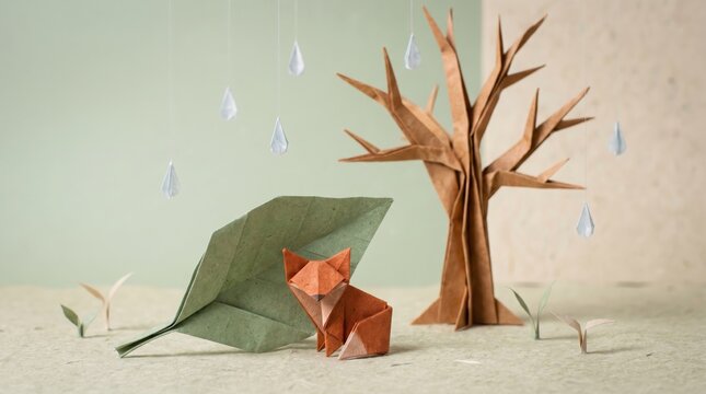 Creative paper art scene featuring an origami fox beside a leaf shelter and barren tree, symbolizing nature conservation, climate change, sustainability, and environmental awareness.