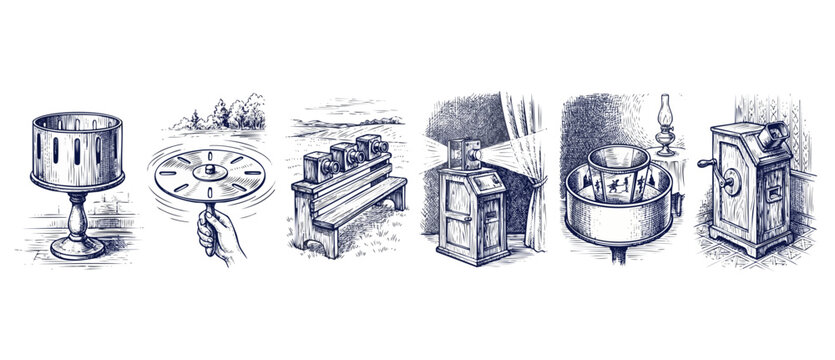 Vintage optical toy history drawings depicting early cinema animation technology showing zoetrope phenakistoscope magic lantern and stereoscope in retro engraved line art style illustration set pack.