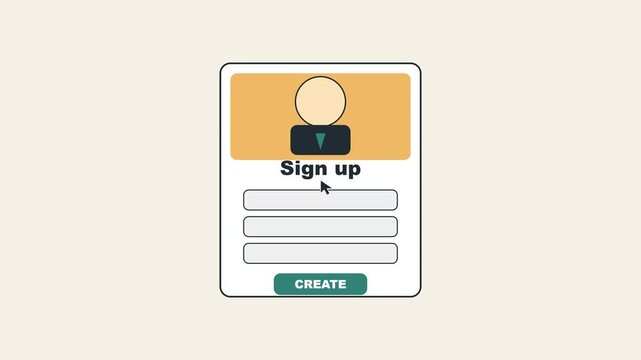 Digital sign up form interface animation with mouse cursor clicking create button for user registration and account creation
