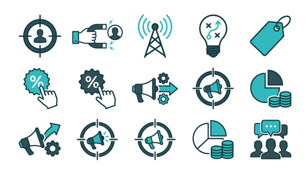 Digital marketing transparent advertising vector set. Line icons of target consumer audience, loudspeaker promotion, lead magnet retention, sales discount tags, financial growth chart.