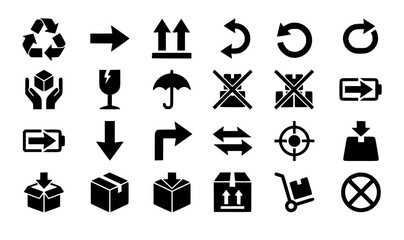 Fototapeta premium Black arrow icons vector set with packaging handling symbols and universal shipping direction marks