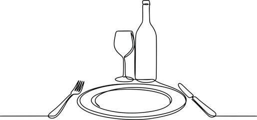 Minimalist continuous line art drawing of a dining setting with wine © MdMujahidFakir