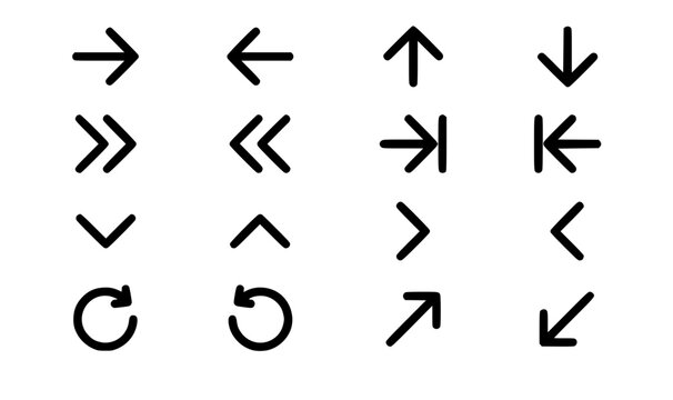 Media player arrow icons with technical web control buttons and motion pointers vector set