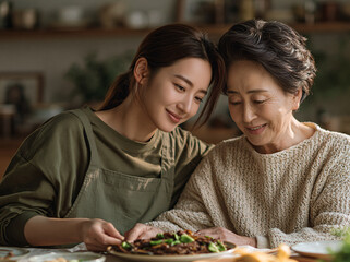 Fototapeta premium A granddaughter in an olive apron leans close beside her smiling elderly mother, using chopsticks to share a home-cooked meal together inside a sunlit cozy rustic wooden kitchen interior.