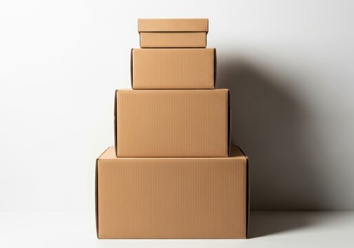 Stack of Four Brown Cardboard Boxes in Different Sizes Arranged in a Pyramid Shape on White Background for Shipping and Logistics