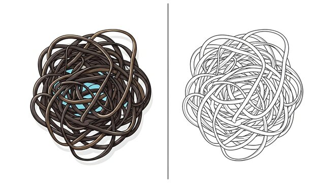 Tangle of blue and black elastic bands on white background  