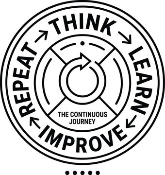Continuous journey circular badge, think learn improve repeat process icon, black and white self-improvement cycle vector, business growth mindset emblem