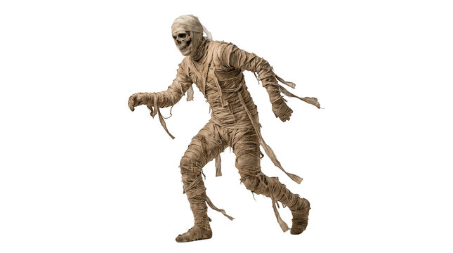 A terrifying ancient egyptian mummy wrapped in tattered bandages walking forward isolated on transparent background