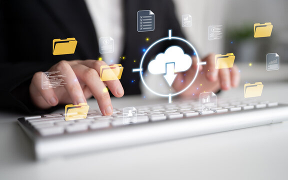 Business Professional Using Computer Keyboard to Manage Cloud Storage and Documents with Digital File Icons Around. Glyphic.